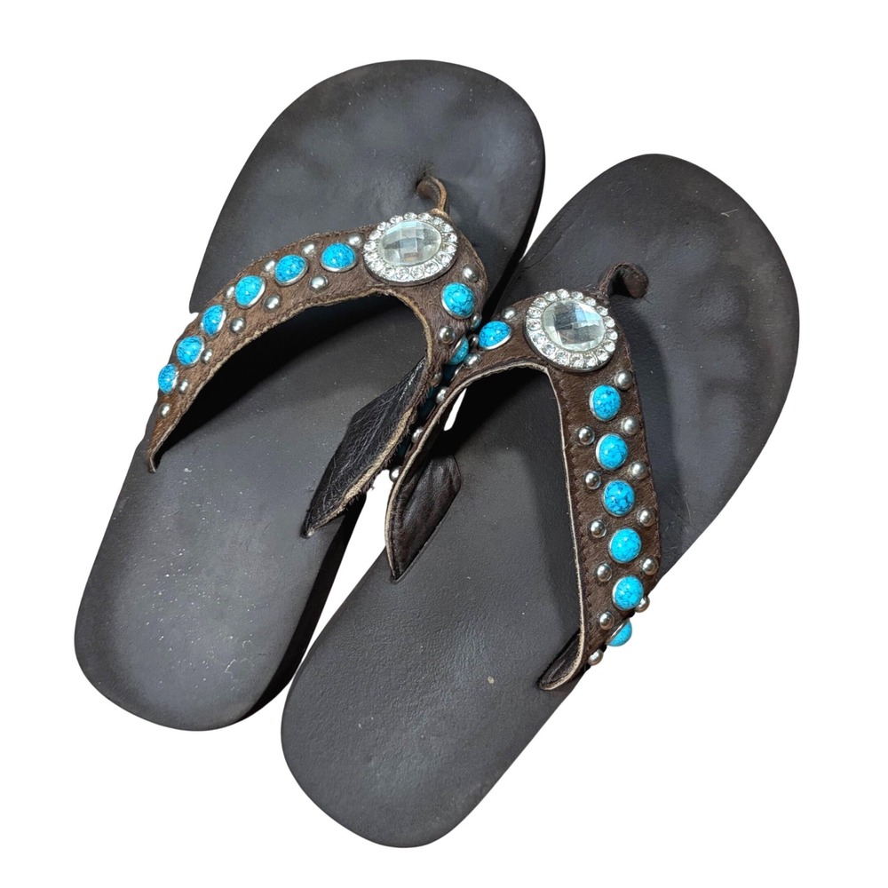 Y2K Mcbling Trashy 7 Brown Leather Cowhide Turquoise Rhinestone Flip Flops